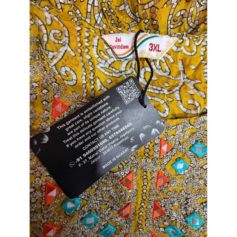 NWT 3XL Jai Govindam Mustard Yellow Embroidered Rayon Anarkali Kurti